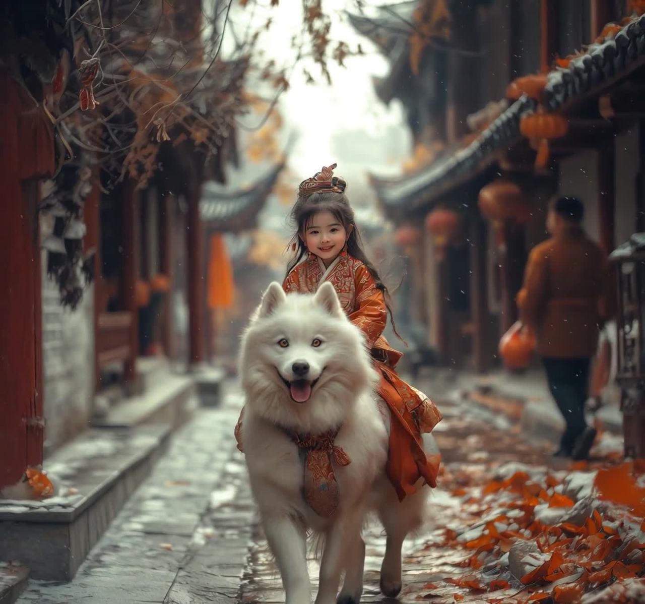 古装女孩骑白犬雪中街景，暖色灯笼庆佳节