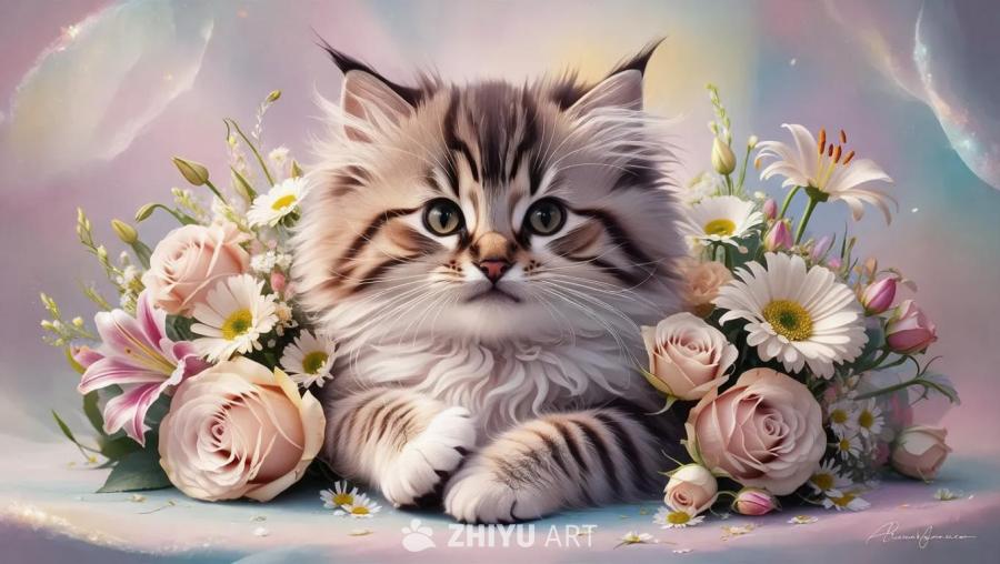 一只蓬松的小猫，有着条纹状的毛发和尖尖的耳朵，它周