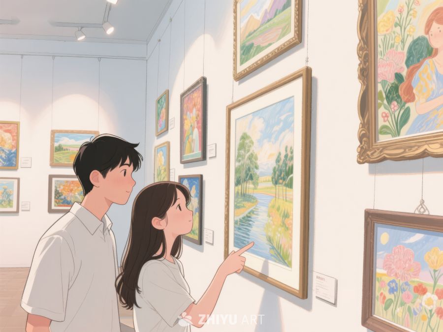 画廊中欣赏风景画的两人 377