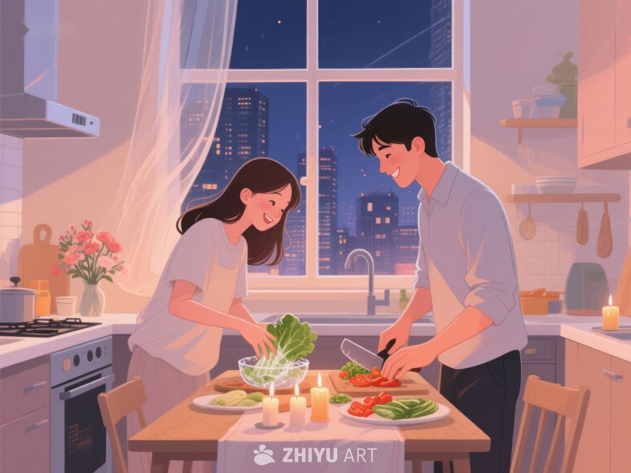 夜晚厨房里的温馨晚餐准备 1001