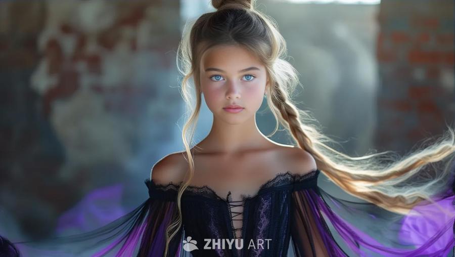 一位15岁的少女，金棕色长发高高扎成马尾，蓝眼睛，
