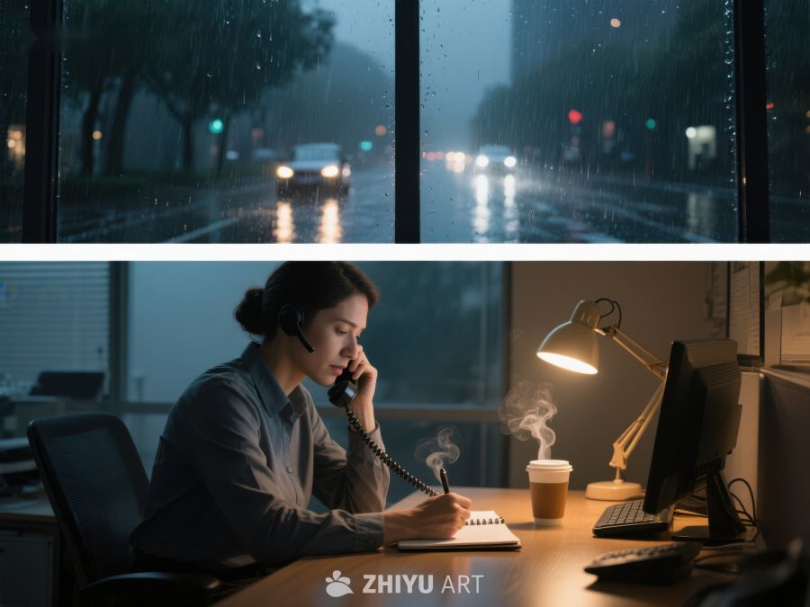 雨夜办公室内的工作场景 424