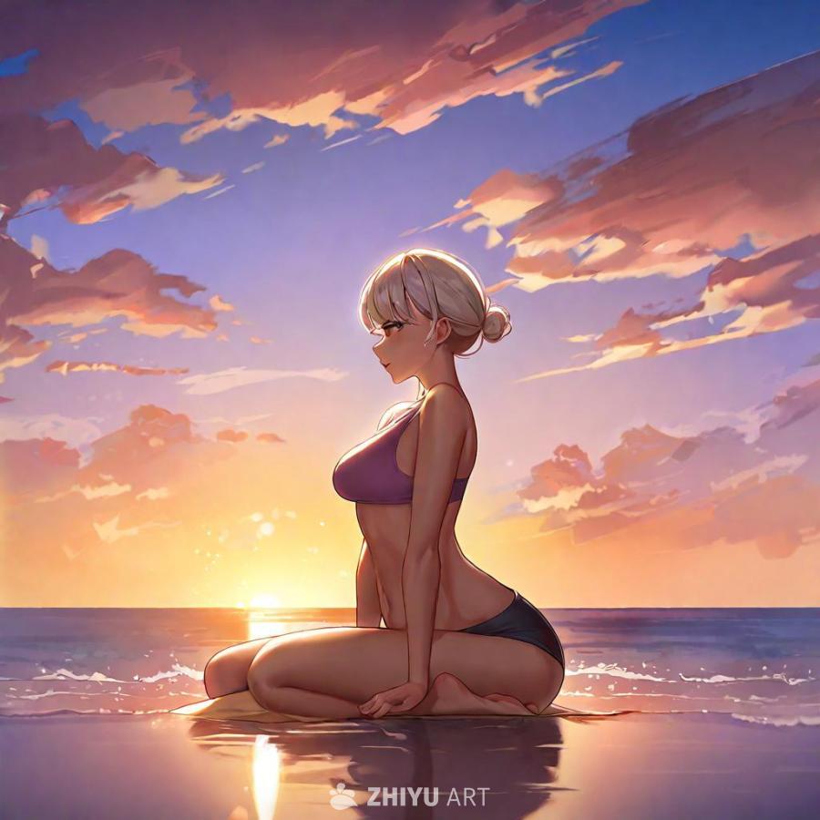 一名女子坐在海滩上，面对着日落，海浪轻轻拍打着海岸