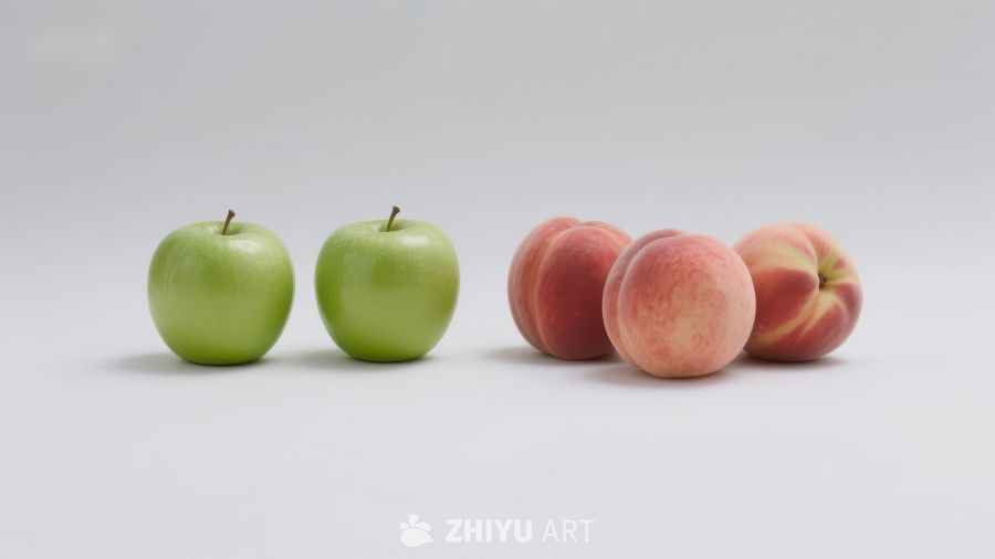 绿苹果与桃子的对比排列