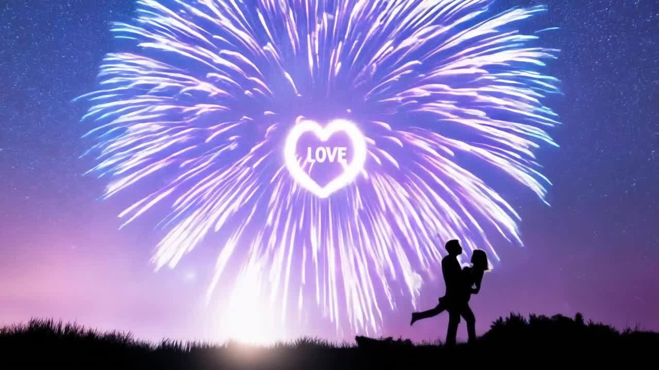 夜空中绽放着“LOVE”形状的烟花，一对男女站在地