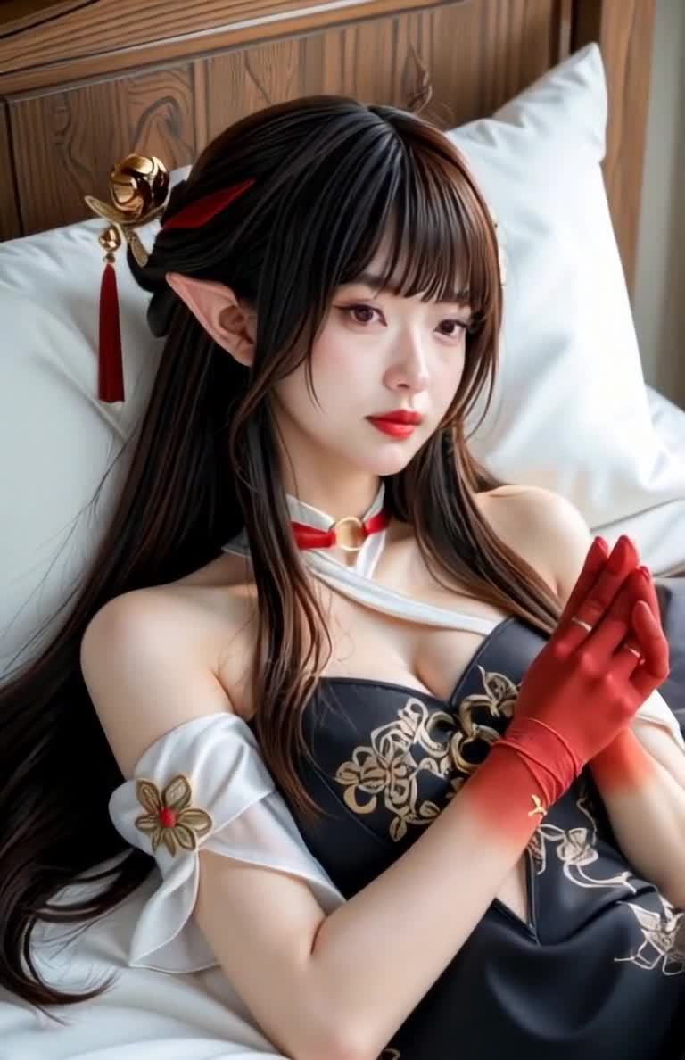一个女子躺在床上，她长着尖耳朵，棕色长发。她戴着金