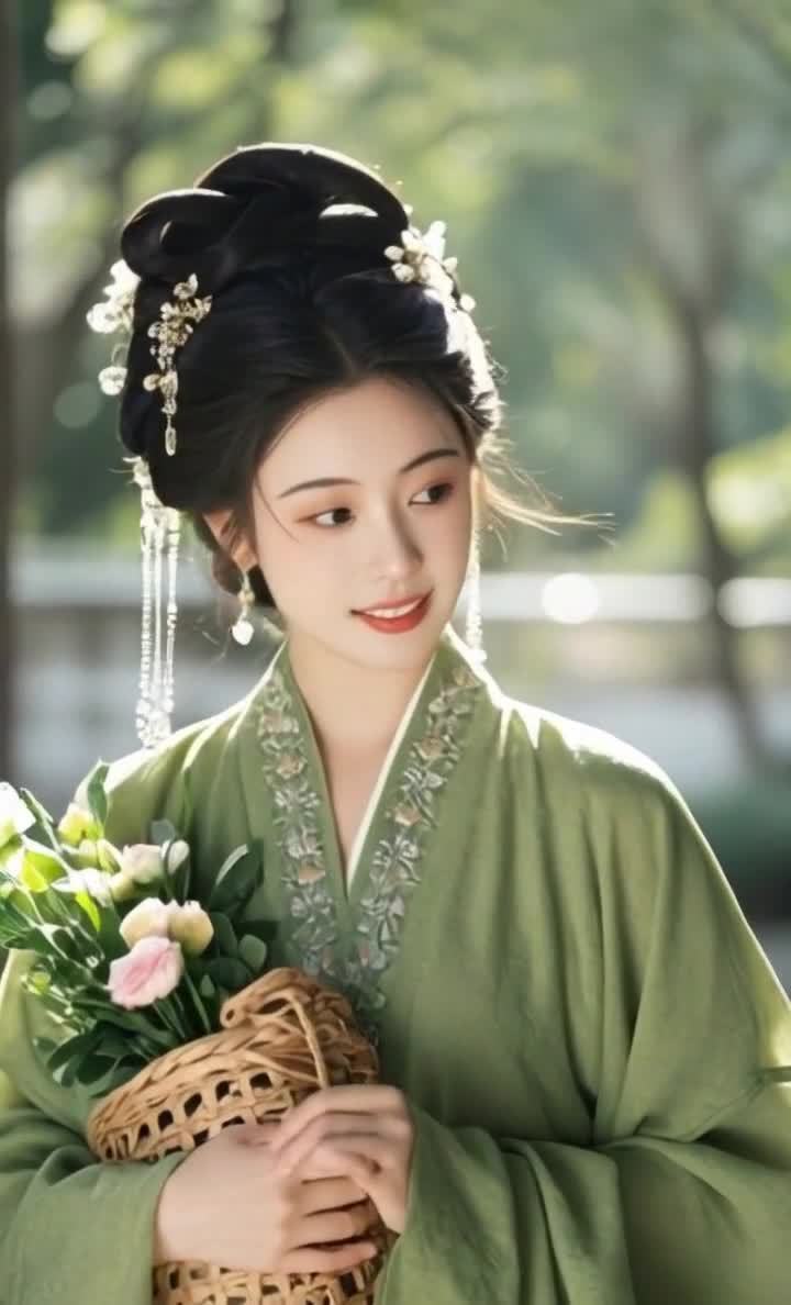 一位年轻女子，身穿浅绿色汉服，手捧一篮鲜花，面带微