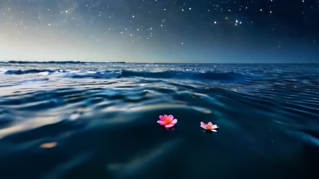 广阔的星空倒映在平静的海面上。两片粉色的花瓣漂浮在