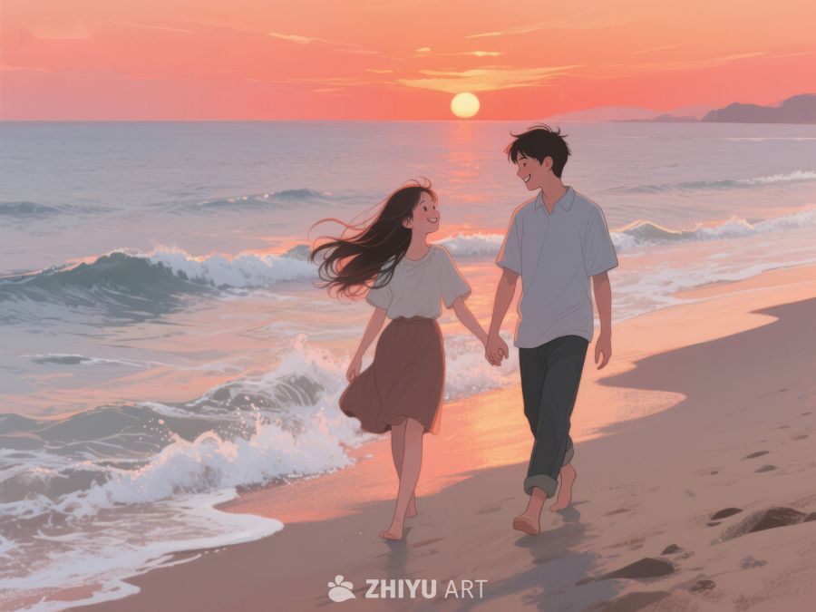 海边日落下的牵手漫步 252