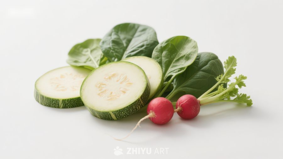 新鲜蔬菜切片与绿叶组合