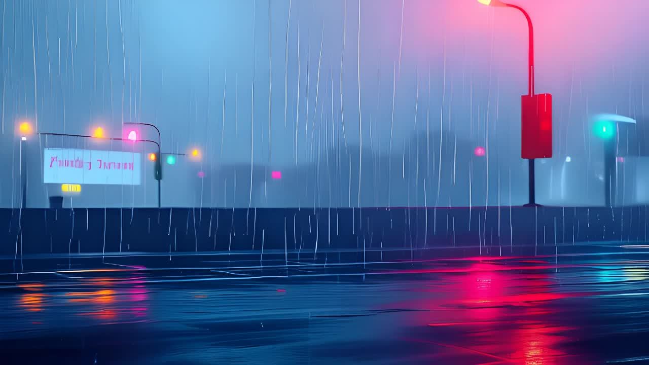 雨夜场景，路灯发出红光，照在湿漉漉的路面上。雨下得