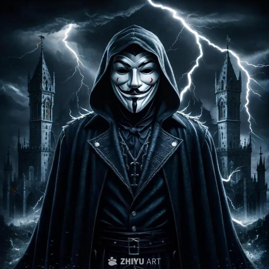 戴着标志性匿名者盖伊·福克斯面具的人物，身披深色带