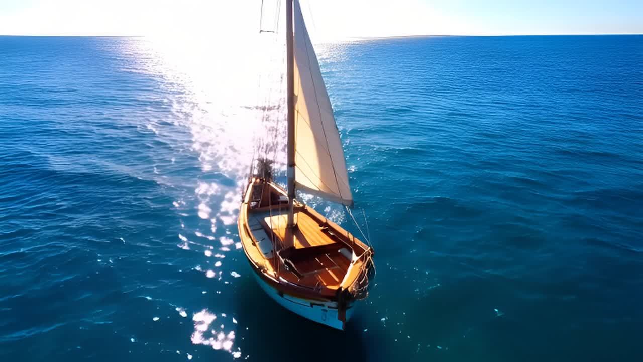一艘小型帆船在广阔平静的海面上轻轻摇曳。水面呈深蓝