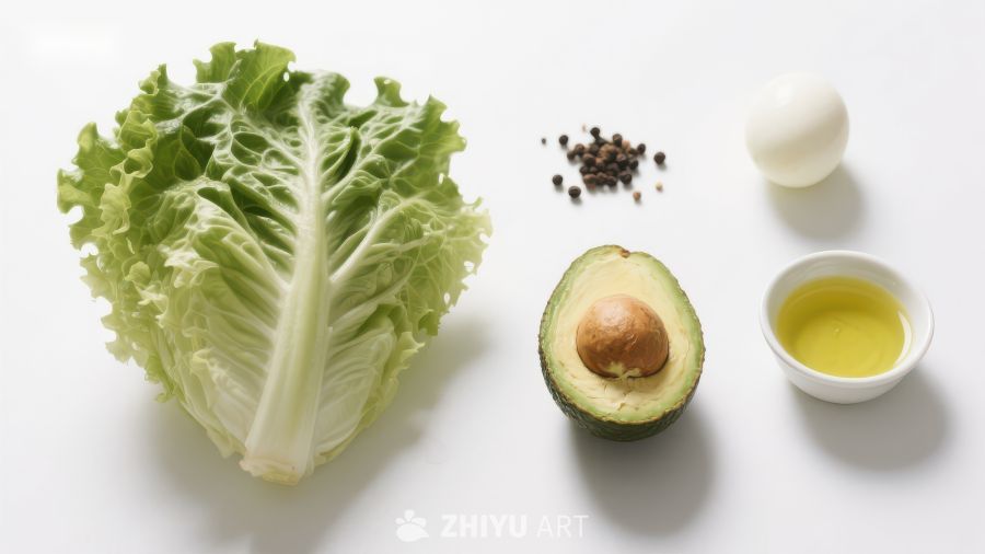 新鲜食材：生菜、牛油果、橄榄油与鸡蛋