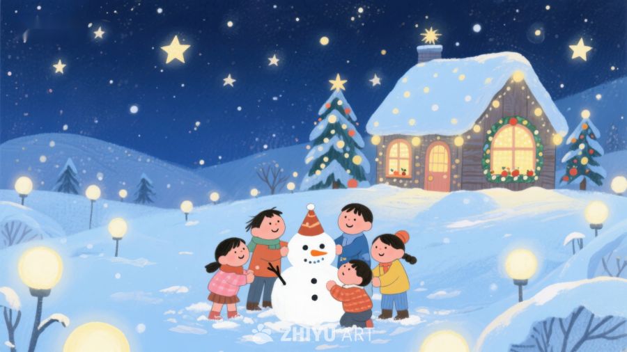 冬夜雪地，孩子们堆雪人 106