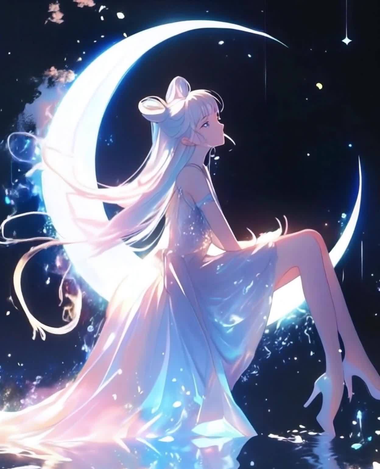 月光少女，静坐新月，星光裙裾，唯美意境。