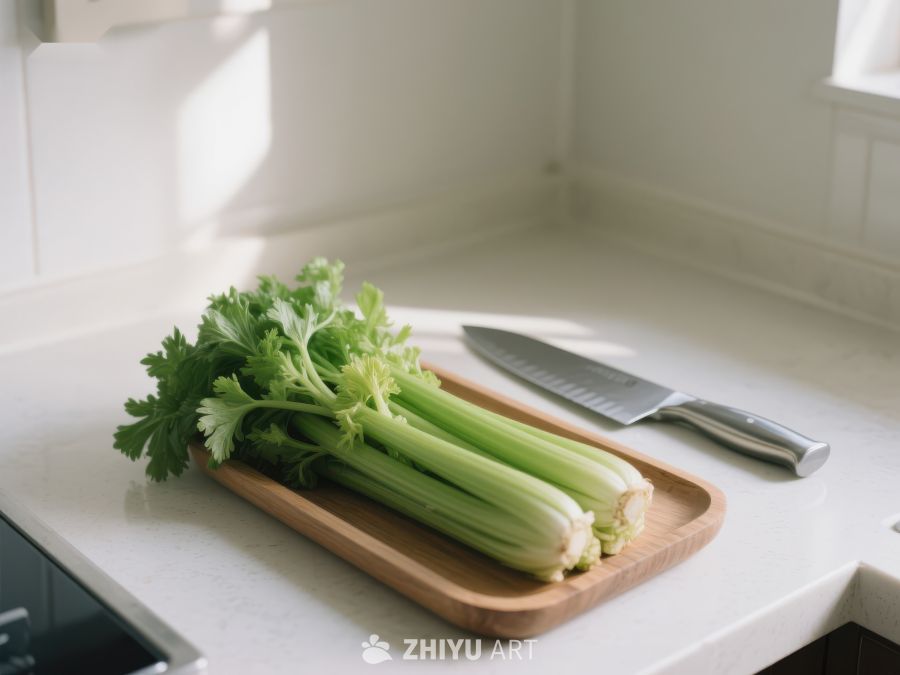新鲜芹菜置于砧板上，旁配刀具 588