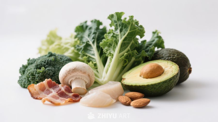 健康食材组合：蔬菜、坚果与肉类