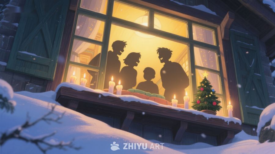 雪夜窗前的家庭温馨时刻 364