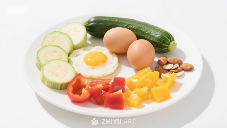 健康早餐：煎蛋、蔬菜与坚果