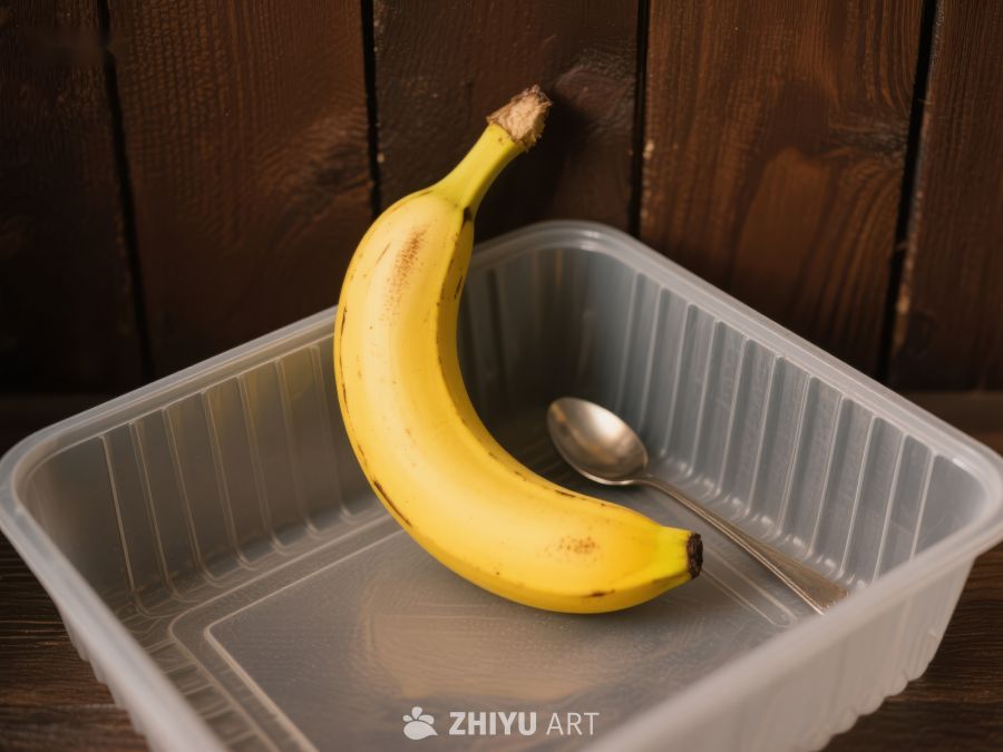 香蕉与勺子置于塑料盒中 564