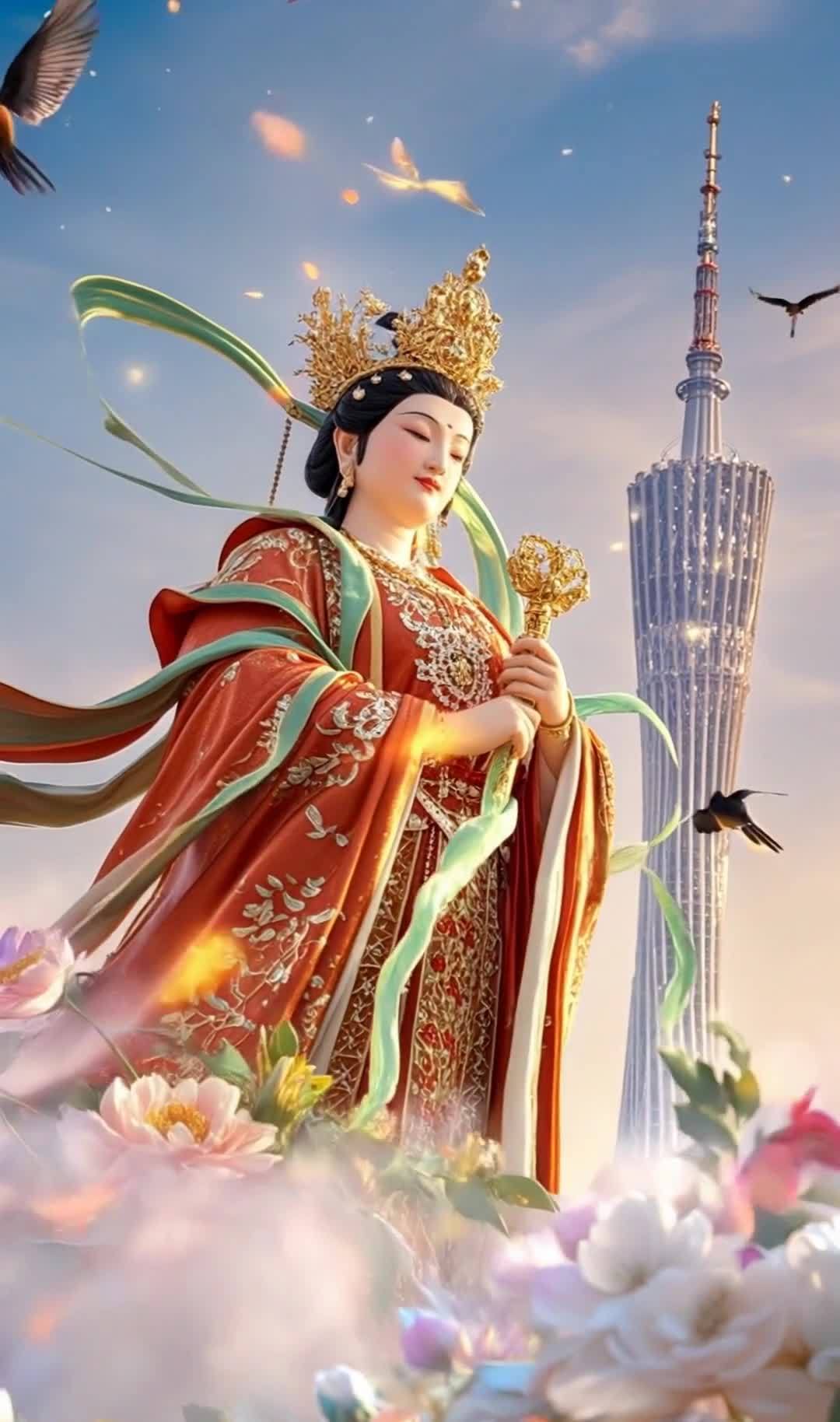 身着华丽服饰的女性人物，头戴金色头饰，手持金色权杖