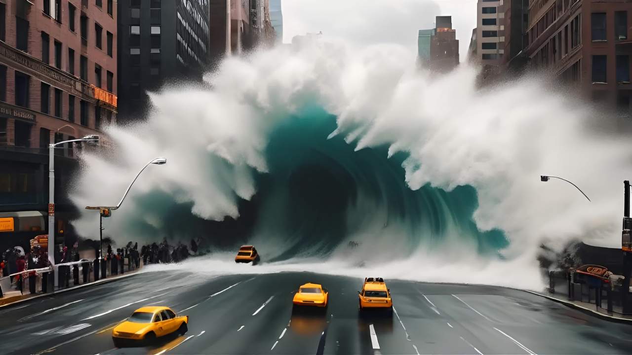 城市街道上，一堵巨大的白色海浪正在涌来，海浪底部呈