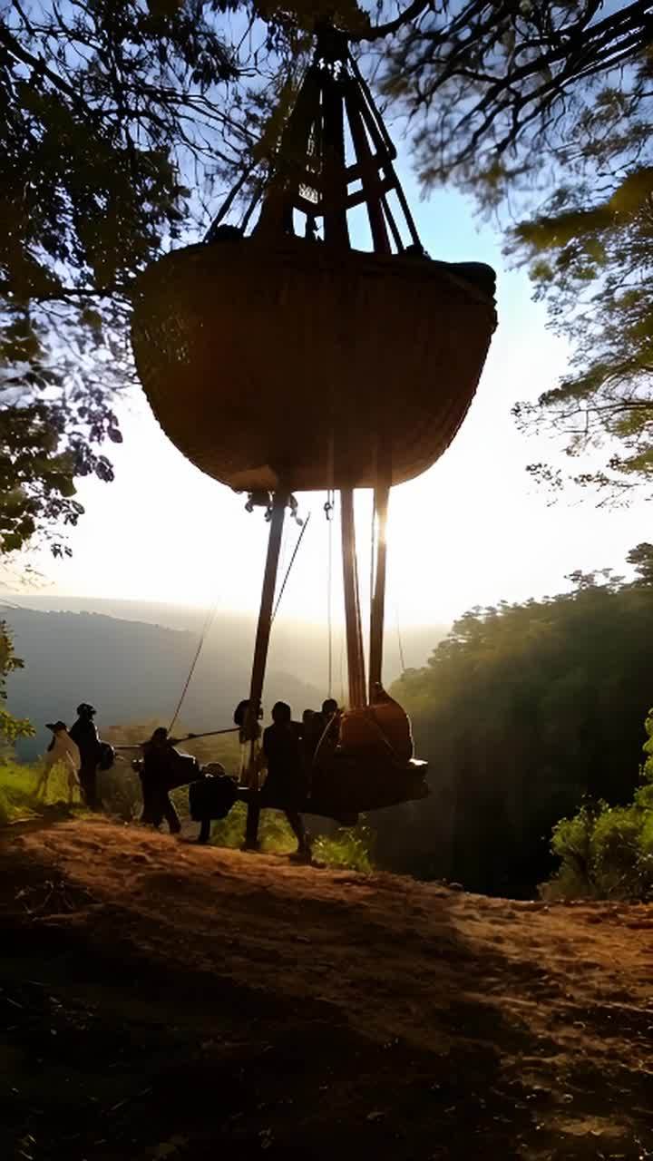 一个巨大的篮子状结构悬挂在树木之间，由多人拉动缆绳