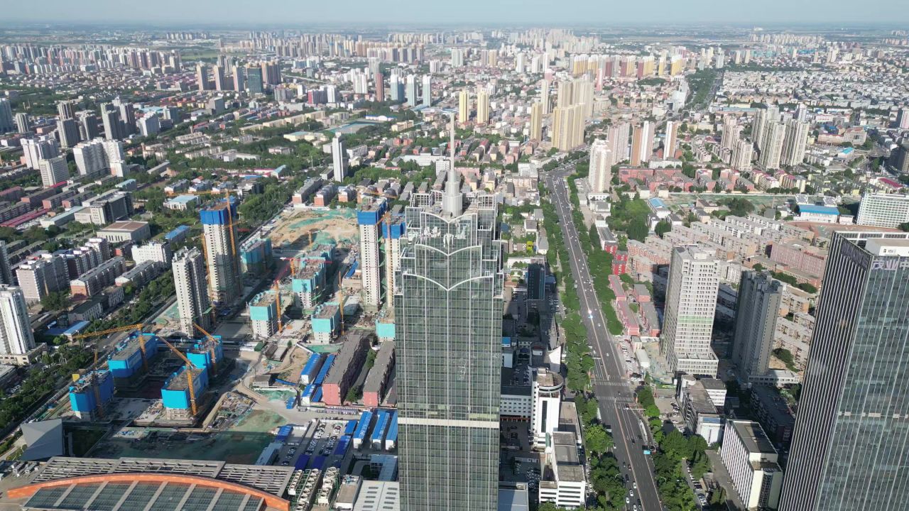 航拍河北保定城市天际线万博广场