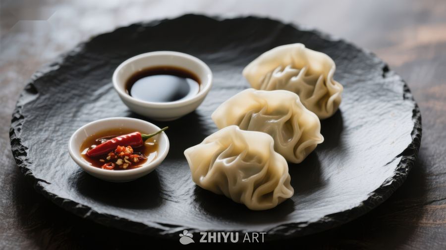 精致饺子配蘸料，黑盘呈现