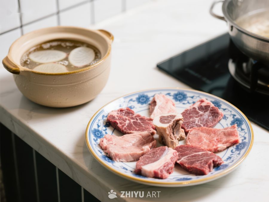 厨房中的生肉与汤锅 38