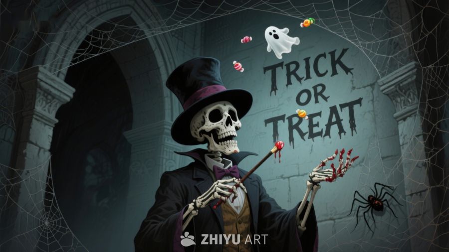 骷髅绅士手持糖果，万圣节氛围浓厚