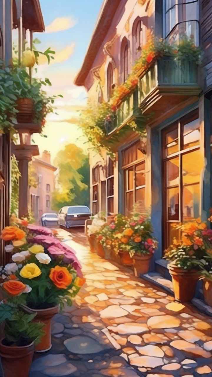 落日时分的街角边的花店插画 14