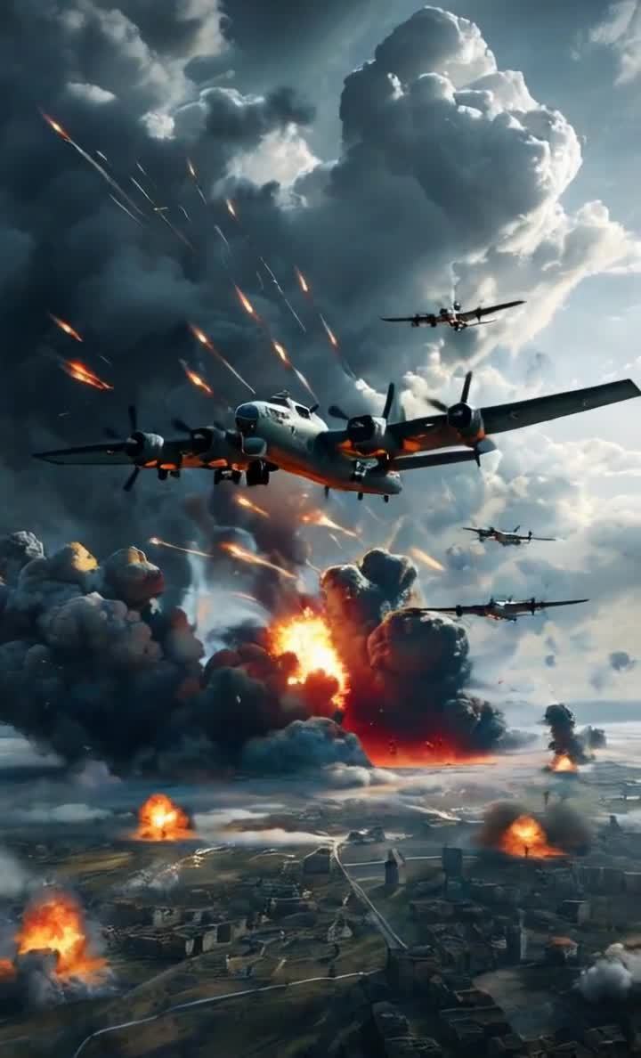 轰炸机群空袭，战火纷飞，硝烟弥漫的战争场景。