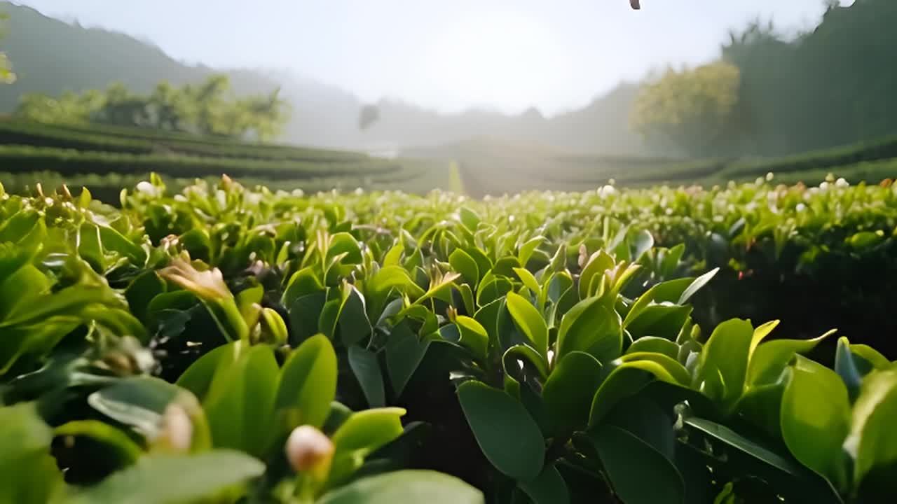 一片茶园，嫩芽生长，一只鸟飞过，远景有山和树木，环