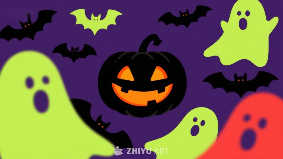 万圣节主题插画：南瓜、幽灵与蝙蝠