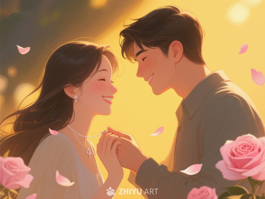 浪漫情侣手牵手，玫瑰花瓣环绕 402