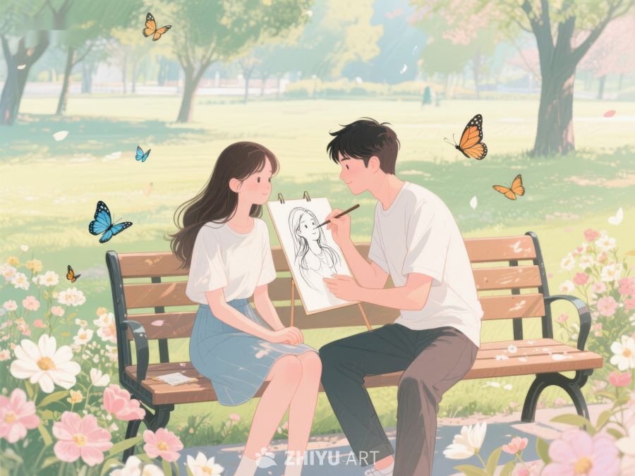 公园长椅上的情侣绘画时光 169