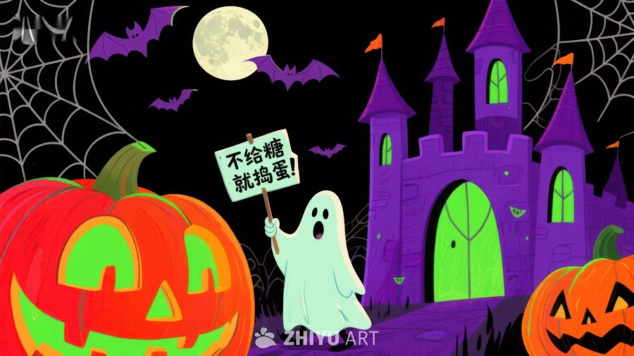 万圣节夜景：南瓜灯、幽灵与城堡