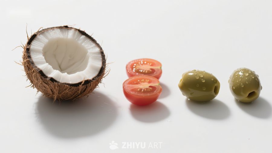 椰子、樱桃番茄与橄榄的排列