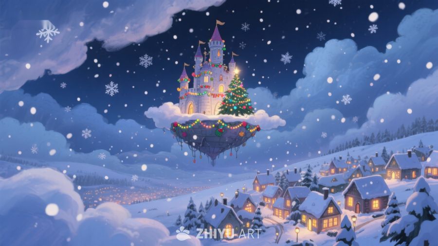 梦幻圣诞夜，空中城堡与雪地小镇 153