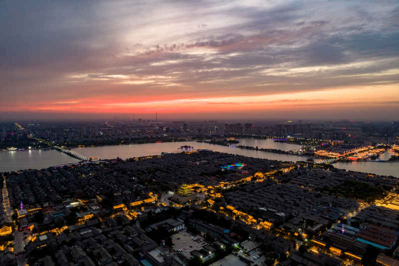 山东聊城城市日落晚霞夜幕降临航拍摄影图 