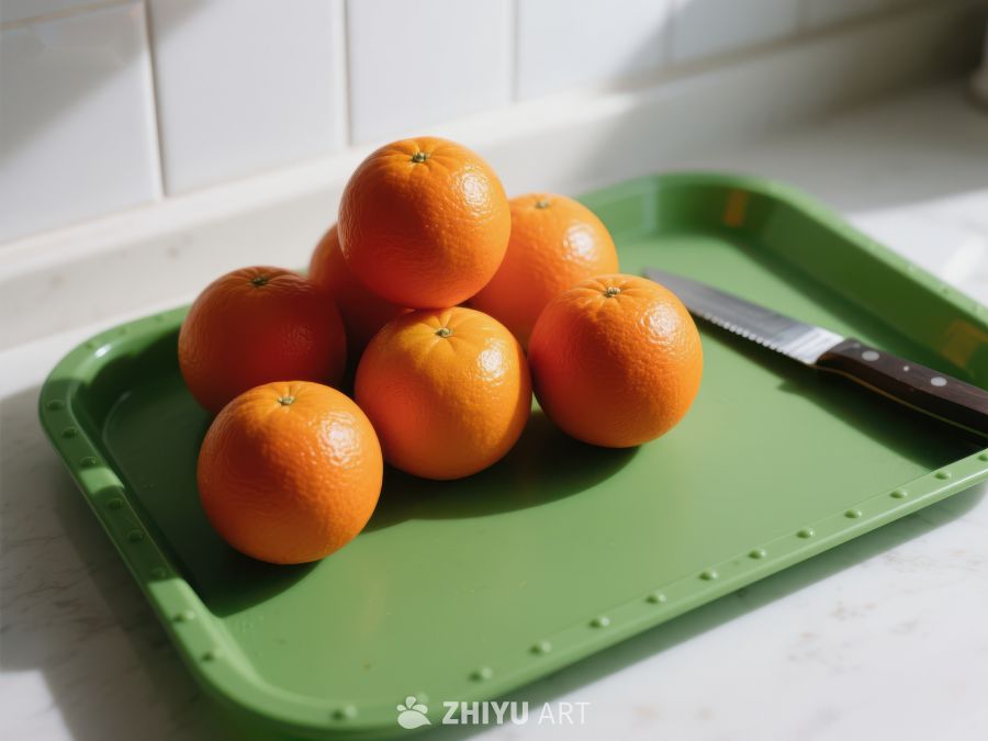 绿色托盘上的橙子与刀具 234