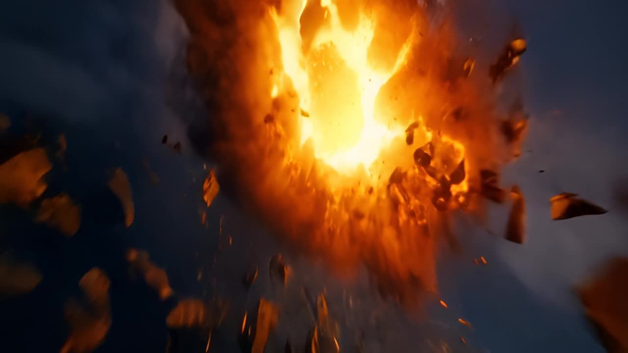 爆炸发生时产生了强烈的光亮和热浪。碎片四溅，向各个