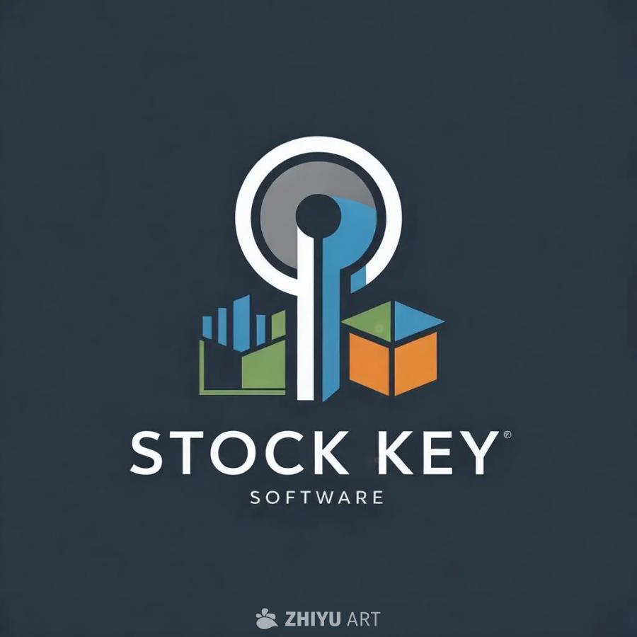 一个深蓝色背景上呈现了一个软件的标志。“STOCK