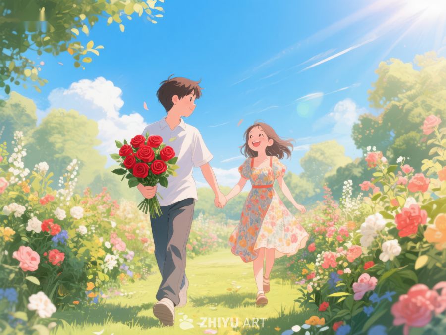 花丛中漫步的情侣 307