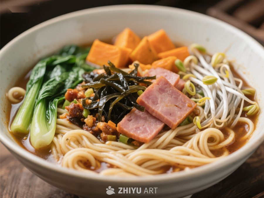 美味面条配蔬菜、豆芽和午餐肉 679
