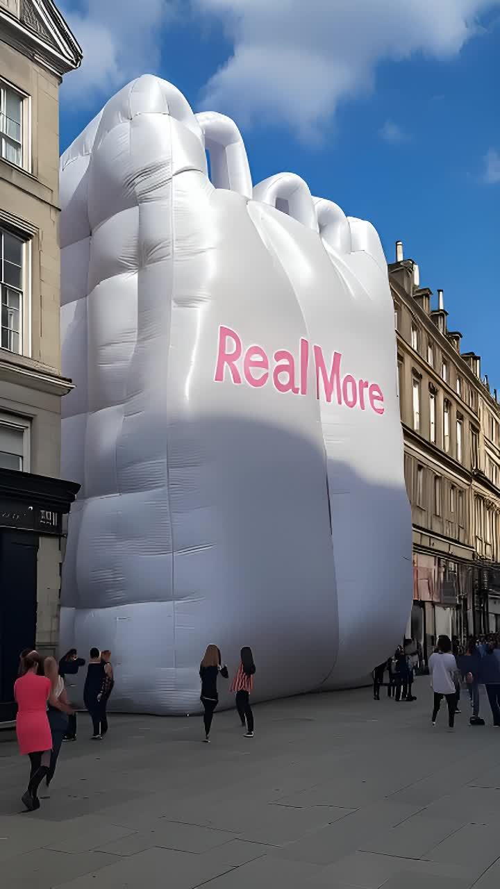一个巨大的白色充气物，上面用粉红色字体写着Real
