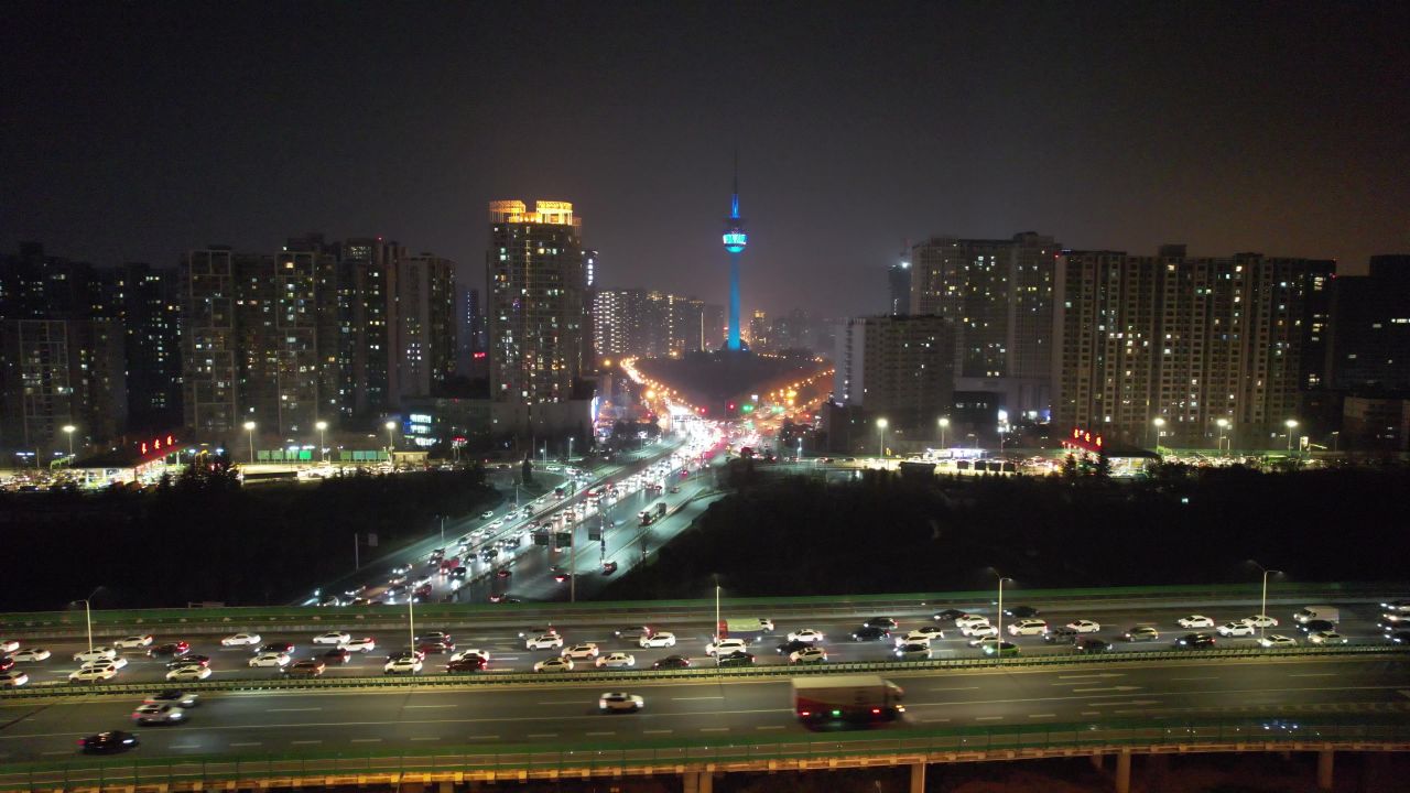  西安电视塔夜景灯光航拍 