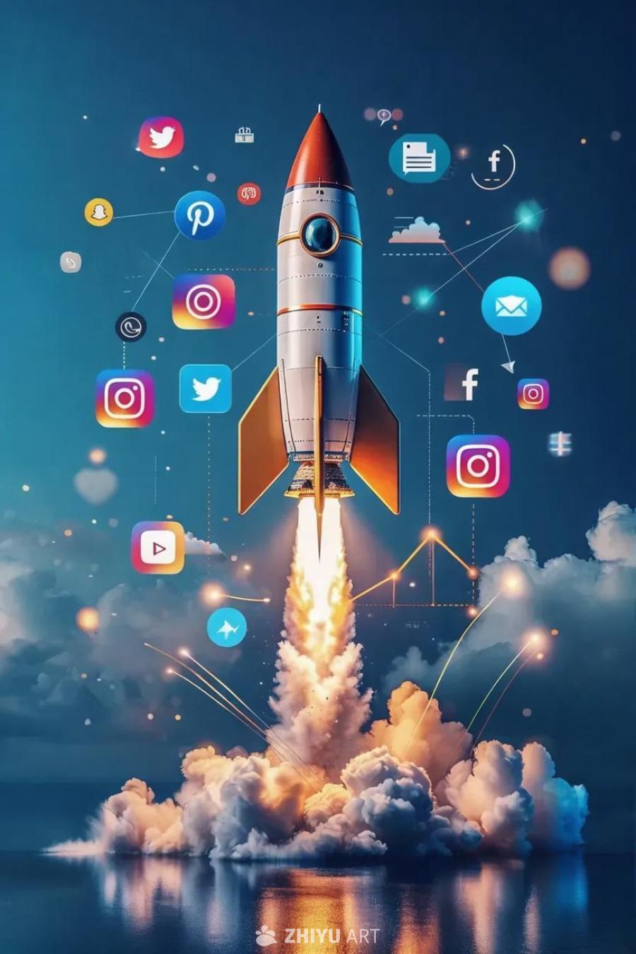 一架火箭正在升空，周围环绕着各种社交媒体平台的图标
